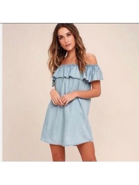Lulus Blue Chambray Off The Shoulder Shift Dress